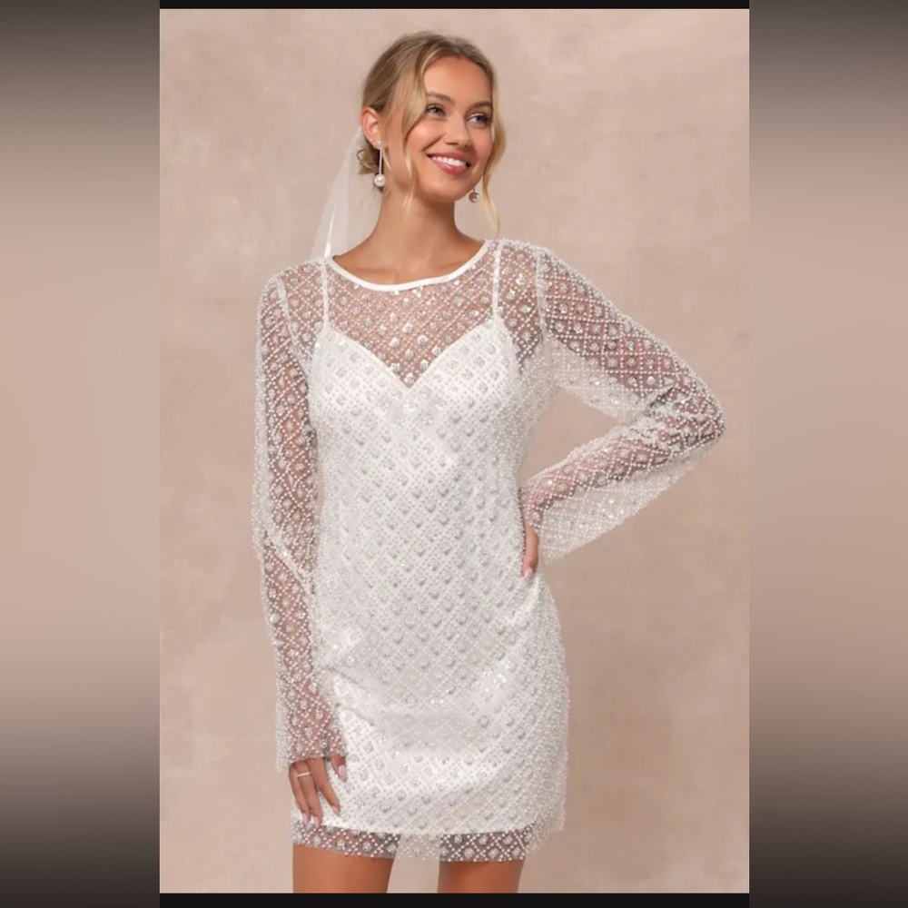 NEW Lulus Glowing Charisma White Sequin Pearl Mesh Long Sleeve Mini Dress XL